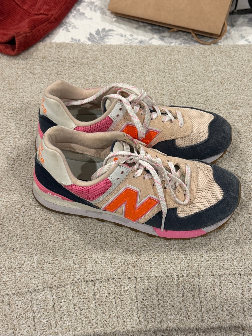 New Balance Women Beige Pink Orange Accent Sneakers